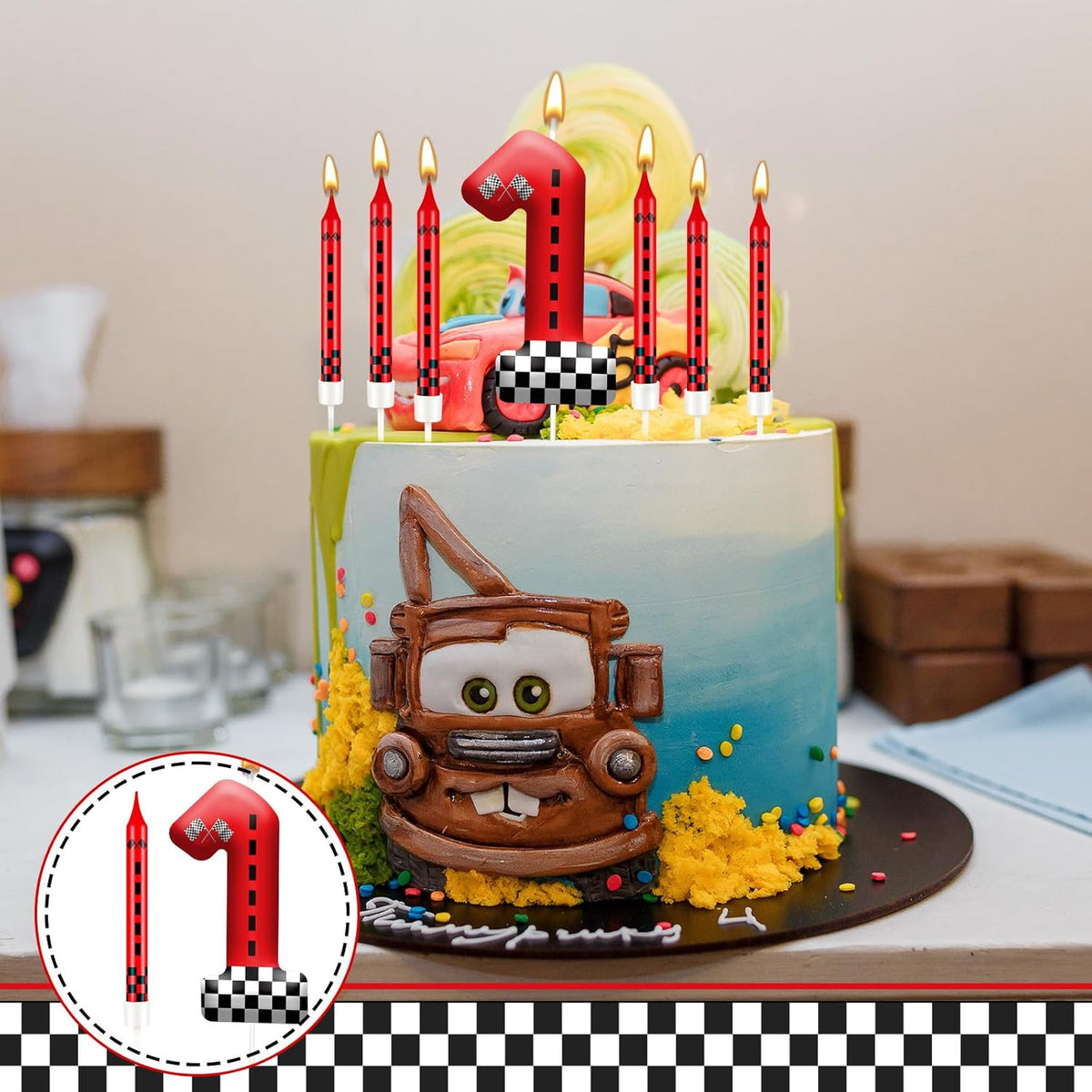 13PCS Racing Car Theme Birthday Candle Set with Checkered Flag Design - Durable Cake Topper for Race Car Party Decorations, Kids Birthday Supplies - Number 1 Candle for Racing-Themed Celebrations