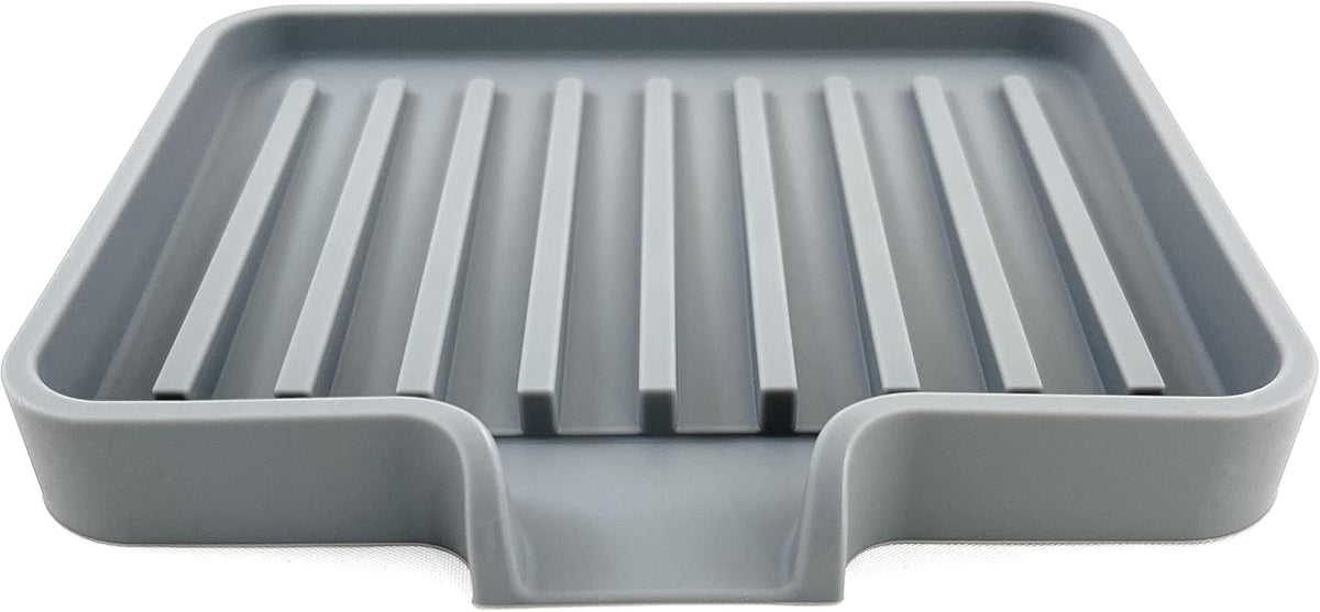 Happitasa Silicone Soap Dish Tray and Sponge Holder with Drain Chute, Pack of 2 | Bathroom and Kitchen Sink Organizer Caddy (Grey, 5.2"x4", 7.2 Ounces)