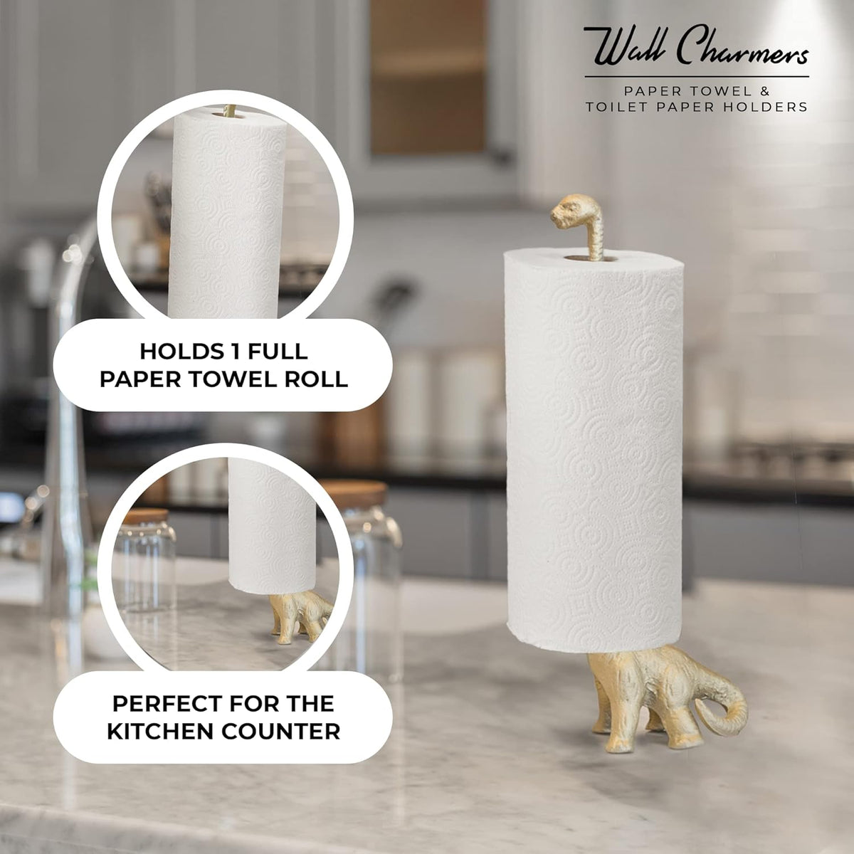 WallCharmers Gold Paper Towel Holder, Metal Toilet or Kitchen Paper Holder for Floor or Countertop, Gold Dino