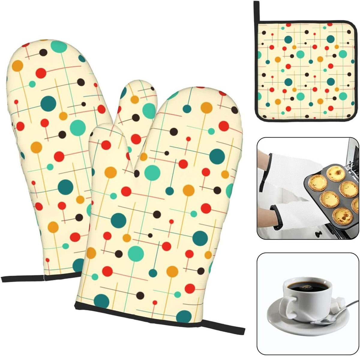Mid Century Modern Atomic Retro Oven Mitts and Pot Holders Sets of 3 Heat Resistant Yellow Hot Pads Oven Gloves for Kitchen Cooking BBQ Baking