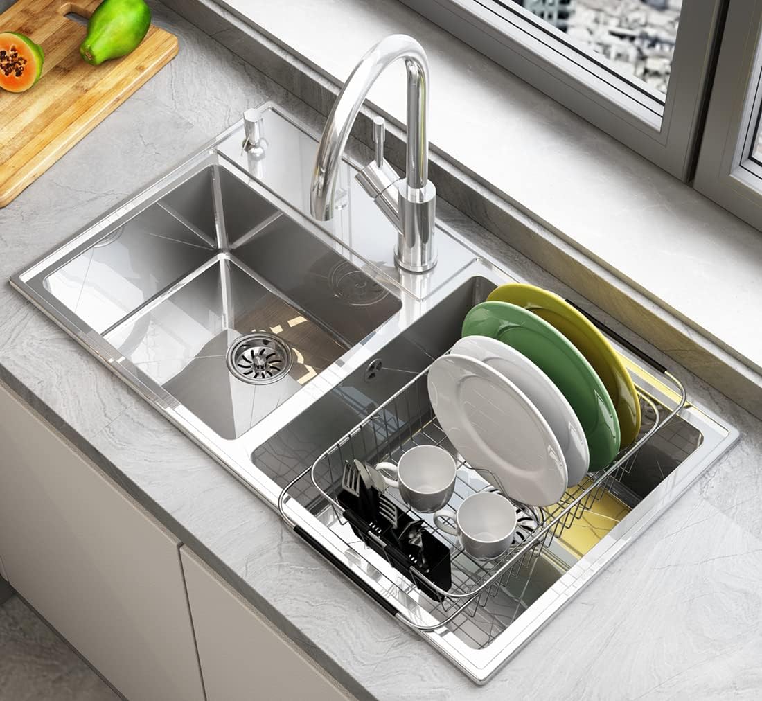 Adjustable Over Sink Dish Rack Stainless Steel Dish Drying Rack On Counter or in Sink, Rustproof