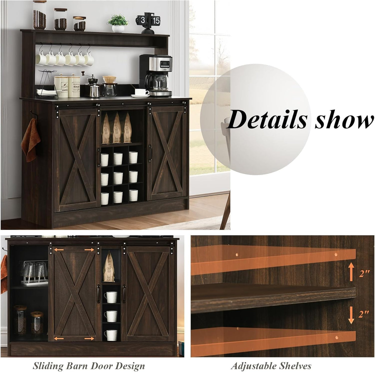 4ever2buy Farmhouse Coffee Bar Cabinet with 9 Wine Racks and 6 Hooks, 47 Inch Wine Cabinet with Storage, Kitchen Buffet Cabinet with Adjustable Shelves for Living Dining Room, Dark Oak