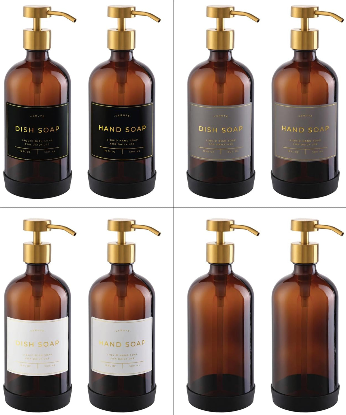 16oz Glass Soap Dispenser with Stainless Steel Pump, 21 Waterproof Labels, Non-Slip Protective Silicone Pad, Set of 2 for Bathroom & Kitchen (Amber Bottle/Brushed Gold Pump)