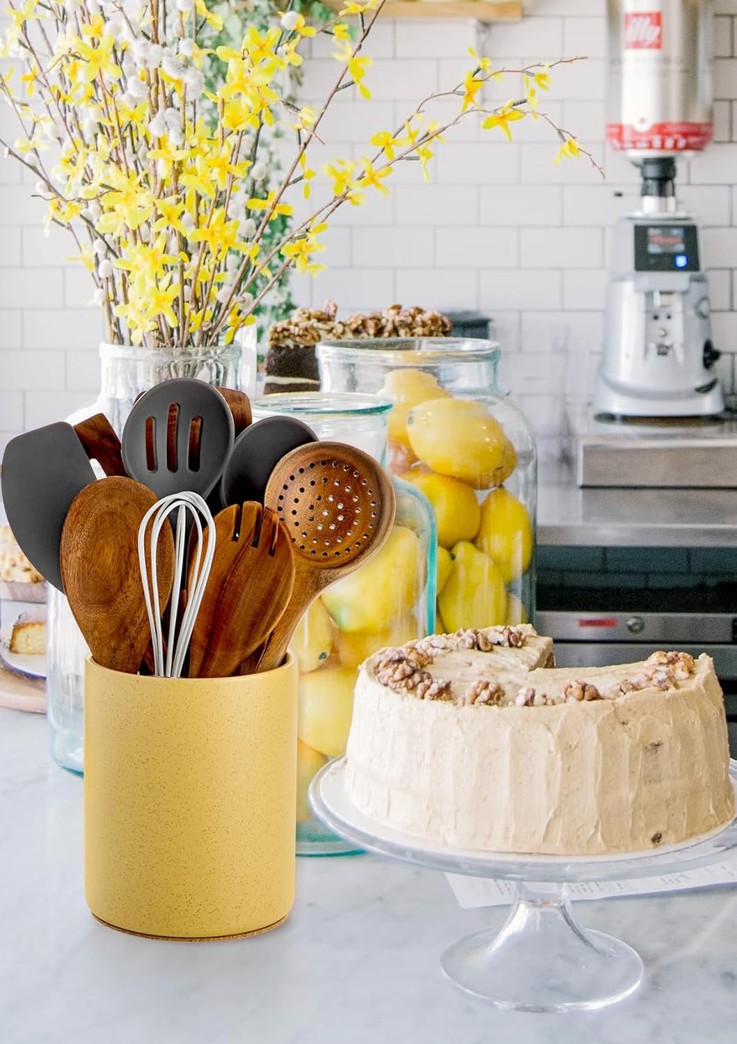 Nucookery Utensil Holder, 6.4" Ceramic Kitchen Utensil Holder for Countertop with Protection Cork Bottom, Vintage Farmhouse Kitchen Decor for Counter (Yellow Sand)