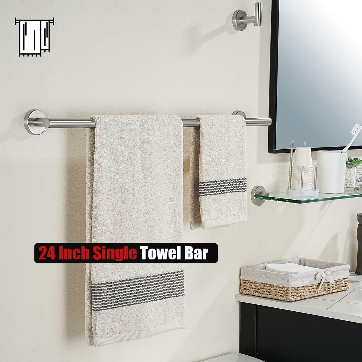 JQK Bath Towel Bar, 27 Inch 304 Stainless Steel Thicken 0.8mm Towel Rack Bathroom, Towel Holder Brushed Finished Wall Mount, Useable Length 24 Inch, TB110L24-BN