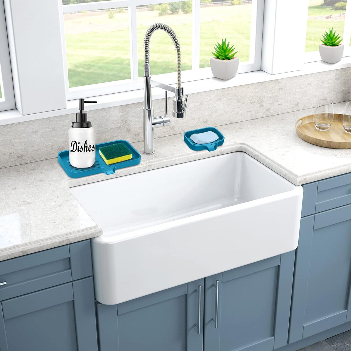 Premium Silicone Soap Holder for Bathroom & Kitchen Sink - Self Draining Tray with Caddy for Dish Soap Bottle & Soap Dispenser