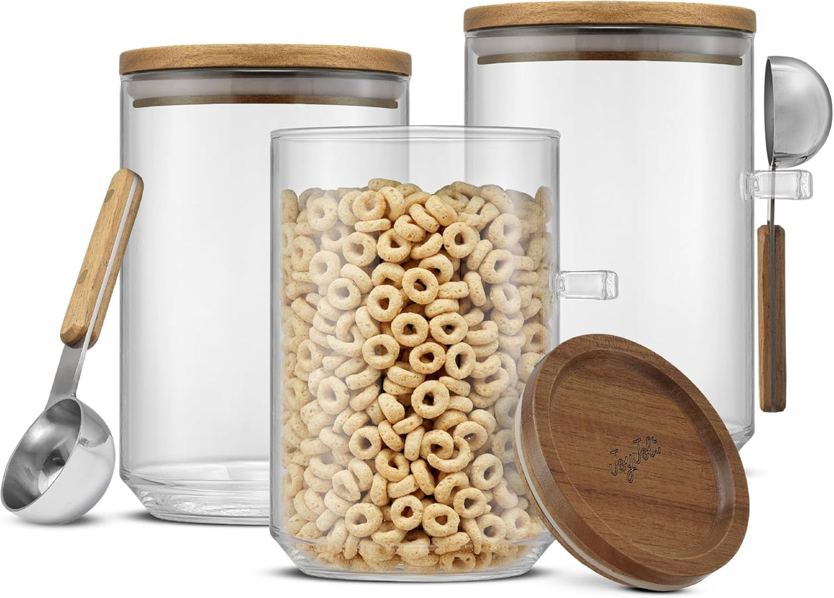JoyJolt Holden 32oz Stackable Glass Storage Containers with Lids and Scoops, Airtight Food Canister Set of 3 w/Acacia Wood Lids, Round Stacking Pantry and Kitchen Containers w/Scoop | Clear