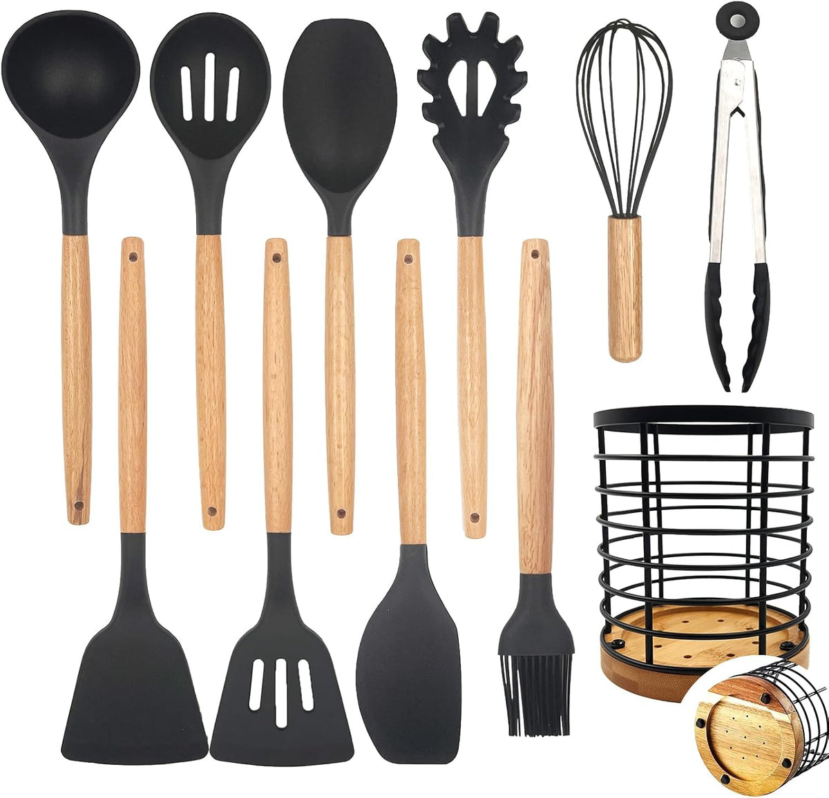 Daily Treasures 12PCS Kitchen Utensils Set,Cooking Utensils Set with Storage Holder,Kitchen Tools Made of Heat Resistant Food Grade Silicone and Wooden Handles for Nonstick Cookware