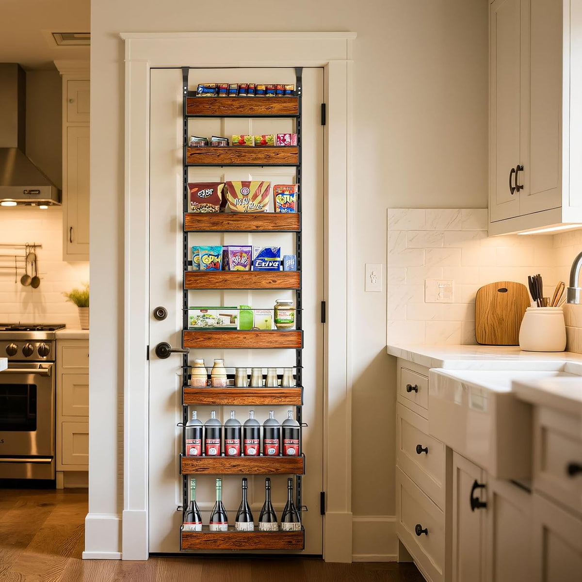 Over the Door Pantry Organizer, 8-Tier Metal Hanging Spice Rack with Adjustable Basket for Kitchen Storage