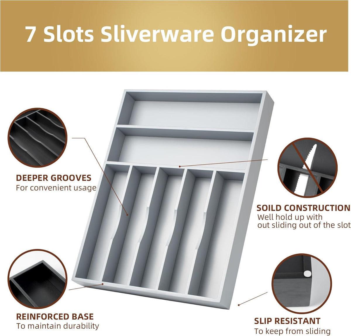 Silverware Organizer 13 Inch Gray Bamboo Kitchen Drawer Organizer 7 Slots Utensil Organizer Silverware Holder Cutlery Organizer Flatware Tray (Large)