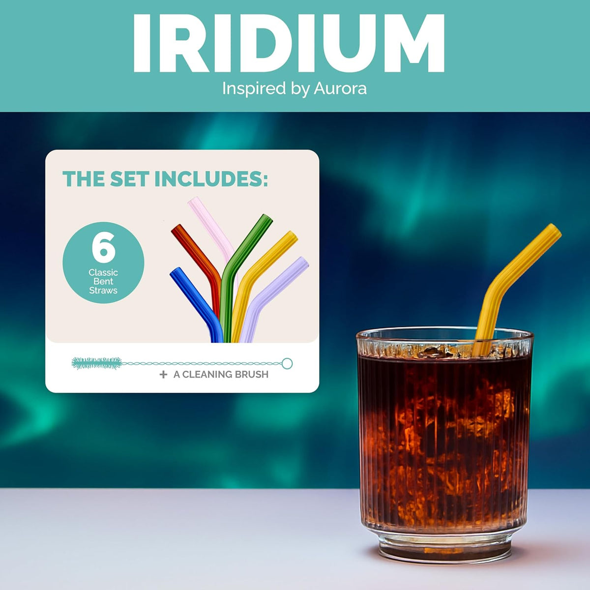 Simply Straws 6 Inch Glass Straws Bent (6-Pack) – Reusable Glass Straws for Low Balls & Stemless Glasses, with Cleaning Brush – Dishwasher Safe, Hot & Cold Use, BPA-Free (Iridium)