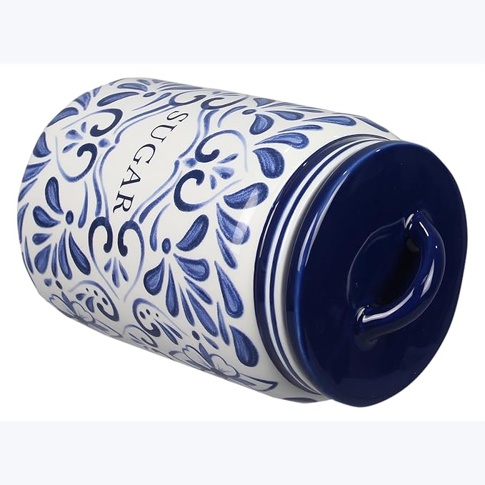 Young's Inc. 4 Pcs Set Talavera Ceramic Canisters- Storage Container for Kitchen and Bathroom - Beautiful Home Decor Accent to Store Food, Coffee, Tea, and More - White, Blue