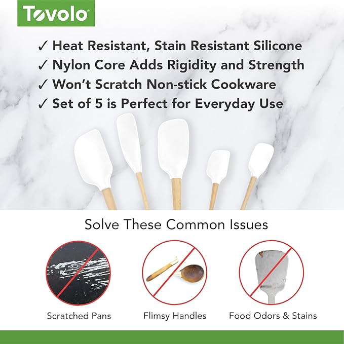Tovolo Silicone Spatula with Wooden Handle Set of 5 Piece Silicone Kitchen Utensil Set Spoonula Jar Scraper Mini Spatula and Spoonula for Cooking Baking Mixing Folding White Cookware Set