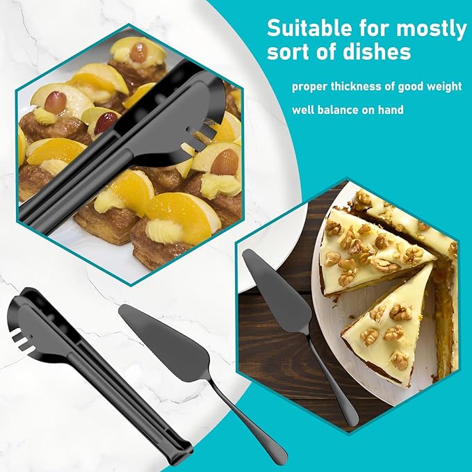 Serving Utensils, 15 Pcs Stainless Steel Large Flatware Serving Tools Kit, Included Spoons, Forks, Tongs, Slotted Spoon, Ladle, Cake Server for Kitchen Catering Banquet Wedding Buffet Party, Black