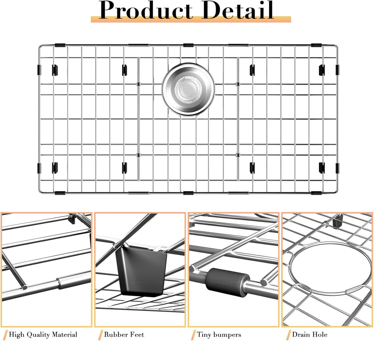 28-3/8’’ x 14-3/16’’ Stainless Steel Sink Grid, Sink Protectors for Kitchen Sink, Sink Protector with Rear Drain for Single Sink Bowl, Sink Bottom Grid, Sink Grate for Bottom with Sink Strainer