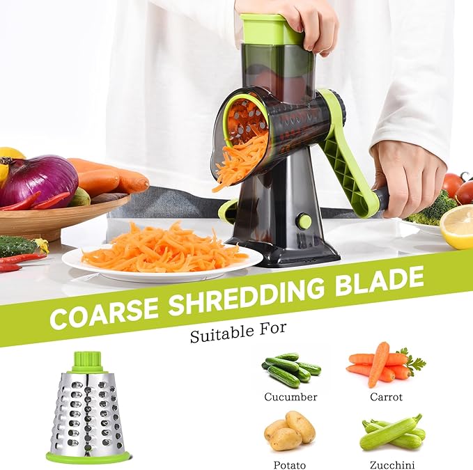 Rotary Cheese Grater with Handle Kitchen Shredder Slicer Grater Slicer Ice Shaver Cheese Vegetable Nuts Potato Zucchini Chocolate 3 Interchangeable Blades (Green TSP)