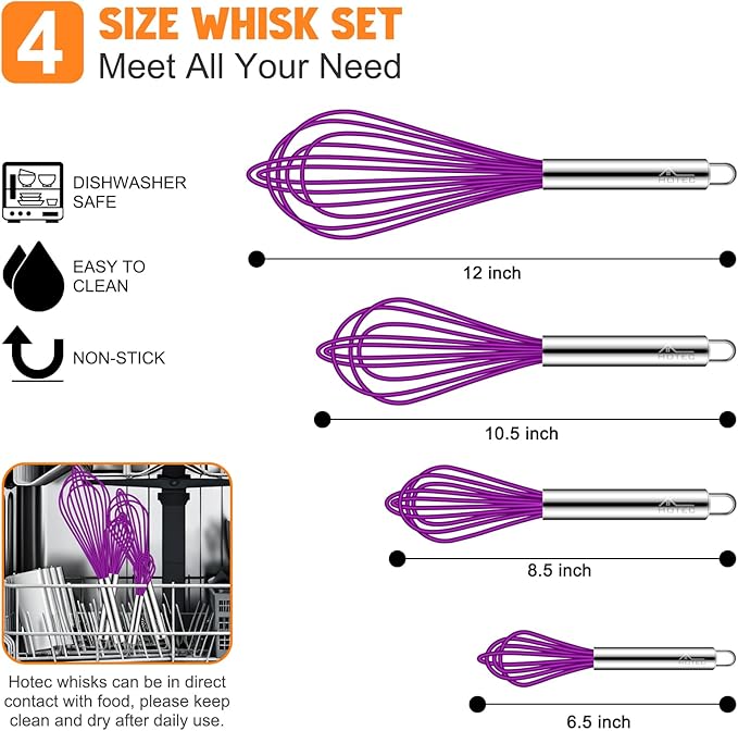 HOTEC 4 Pieces Silicone Whisks Set, Wire Balloon Whisks Egg Beater, Non-slip Handle Whisk for Non-stick Cookware Perfect for Cooking, Stirring, Beating and Blending (Purple)