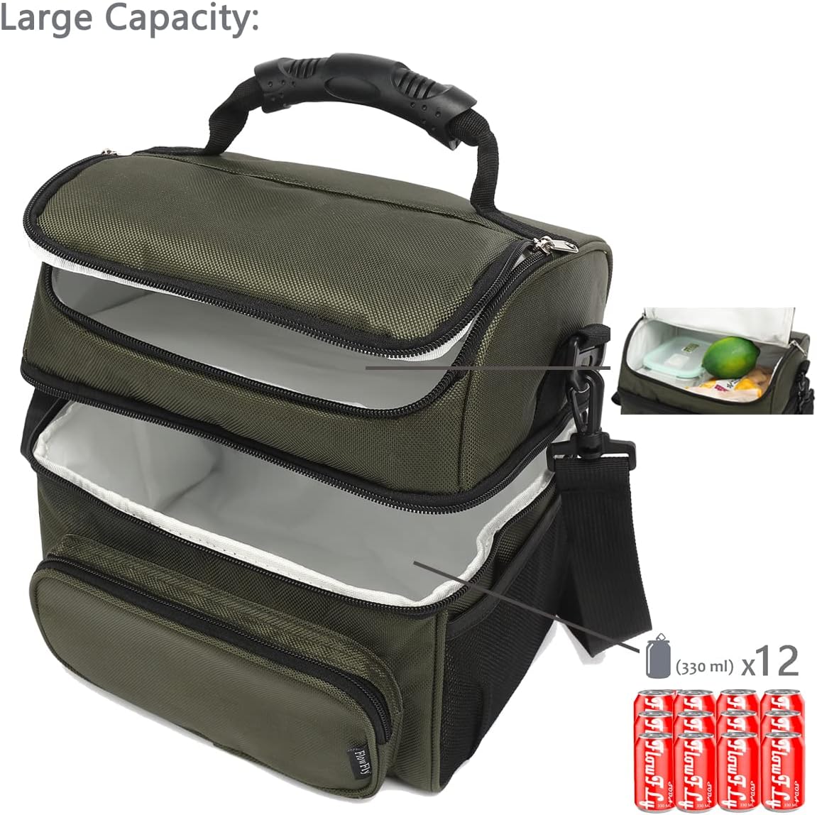 FlowFly Double Layer Cooler Insulated Lunch Bag Adult Lunch Box Large Tote Bag for Men, Women, With Adjustable Strap,Front Pocket and Dual Large Mesh Side Pockets