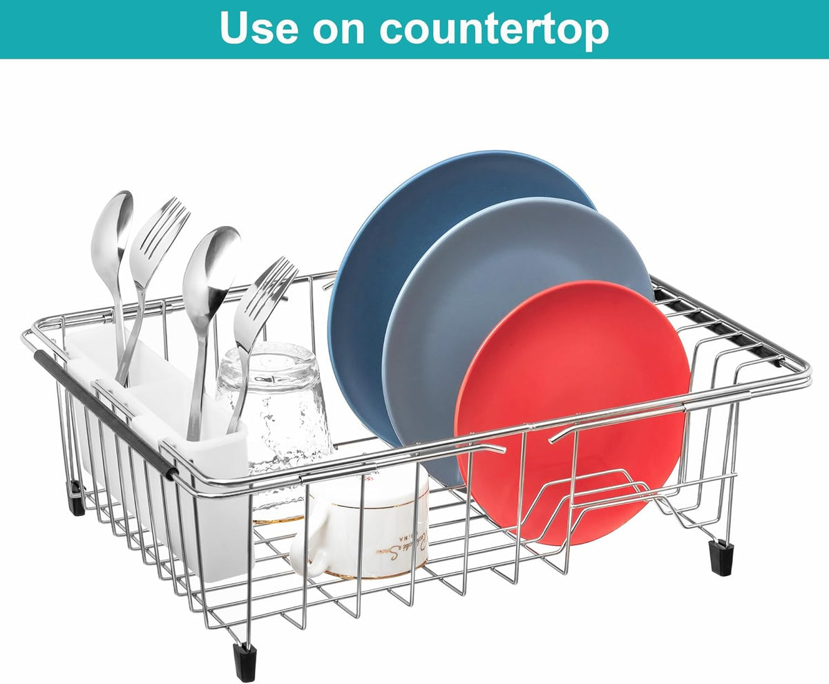 iPEGTOP Expandable Multifunctional Dish Drying Rack, Over The Sink, in Sink Or On Counter Dish Drainer Rack Organizer Shelf with White Utensil Silverware Holder, Rustproof Stainless Steel