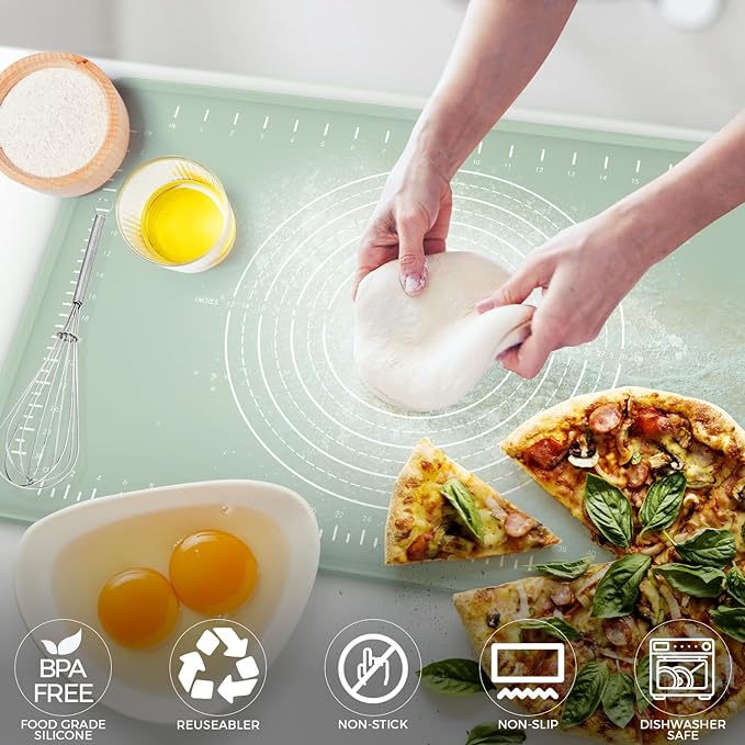 Silicone Baking Mat 24" x 16", Extra Thick Dough Rolling Mat with Measurements and Edge Heightening, Non-stick Food Grade Silicone Pastry Mat for for Pastry, Bread, Cookies, Pizza, Fondant, Pasta