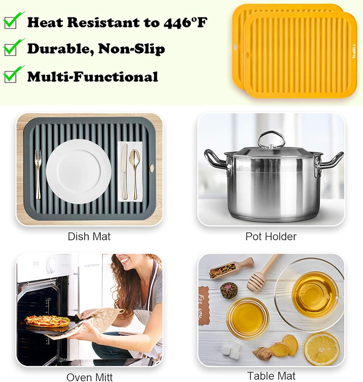 Walfos Silicone Trivets Set - Heat Resistant Pot Holder, Non-Slip and Flexible, 2 Pcs Multi-Purpose Kitchen Table Mat, Prefect for Hot Dishes, Jar Opener, Spoon Holder, Oven Mitts(Orange)