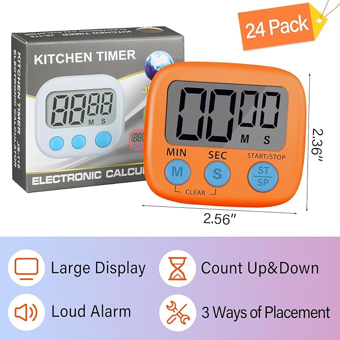 Weewooday 24 Pcs Digital Kitchen Timer Magnetic Timer Bulk On/Off Switch Minute Second Count up Countdown Loud Alarm for Exercise Cook Baking (Multicolor)