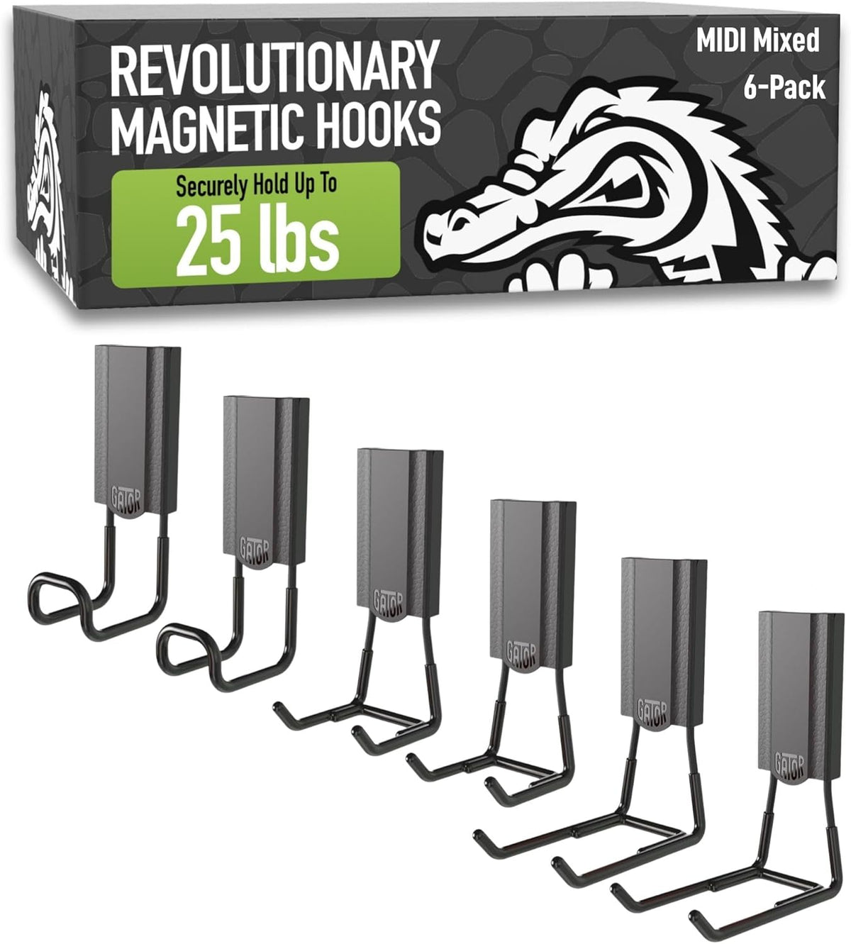 GATOR MAGNETICS MIDI 2.5 & 4" Open Hooks, 25 lb Heavy Duty Magnetic Hooks for Steel Surfaces, Patented Easy-Release, Non-Slip Grip – Storage & Organization, Garage, Shed, Home, Cleaning Tools -6 Pack