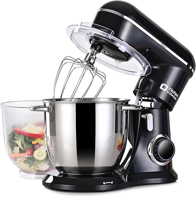 Kitchen in the box Stand Mixer, 5QT Two bowls Electric Food Mixer, 10 Speeds 3-IN-1 Kitchen Mixer for Daily Use with Egg Whisk,Dough Hook,Flat Beater (Black, 5QT)