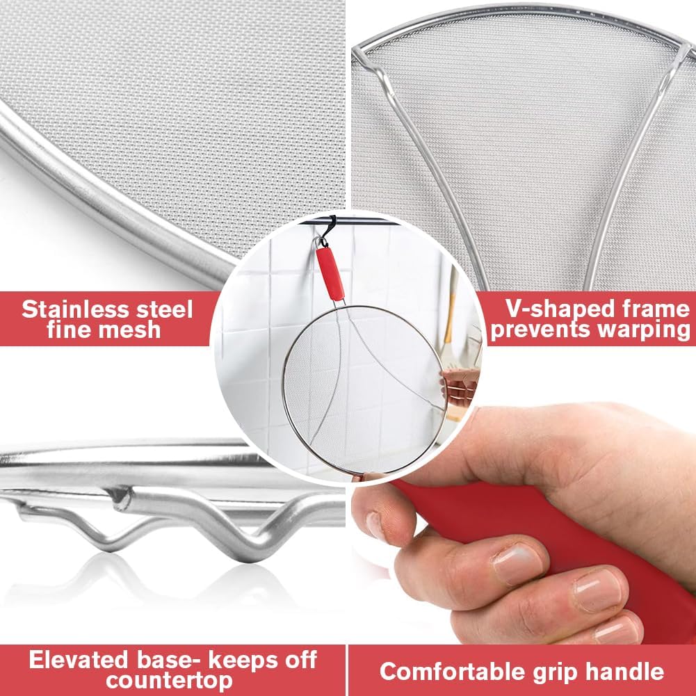 Splatter Screen for Frying Pan & Food Strainer,13 Inch Stainless Steel Grease Splatter Guard,Shield from Splashing Oil, Dishwasher Safe(Red)