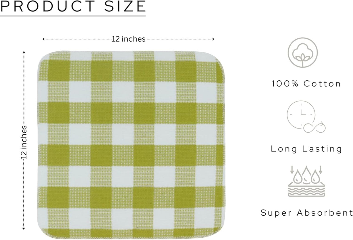 Waffle Weave Plaid Dish Cloths, 100% Cotton - 12 x 12 Inches, Ultra Soft Absorbent Quick Drying Dish Towels Buffalo Check Dish Rags for Kitchen, 8 Pack - Spring Summer - Light Green & White