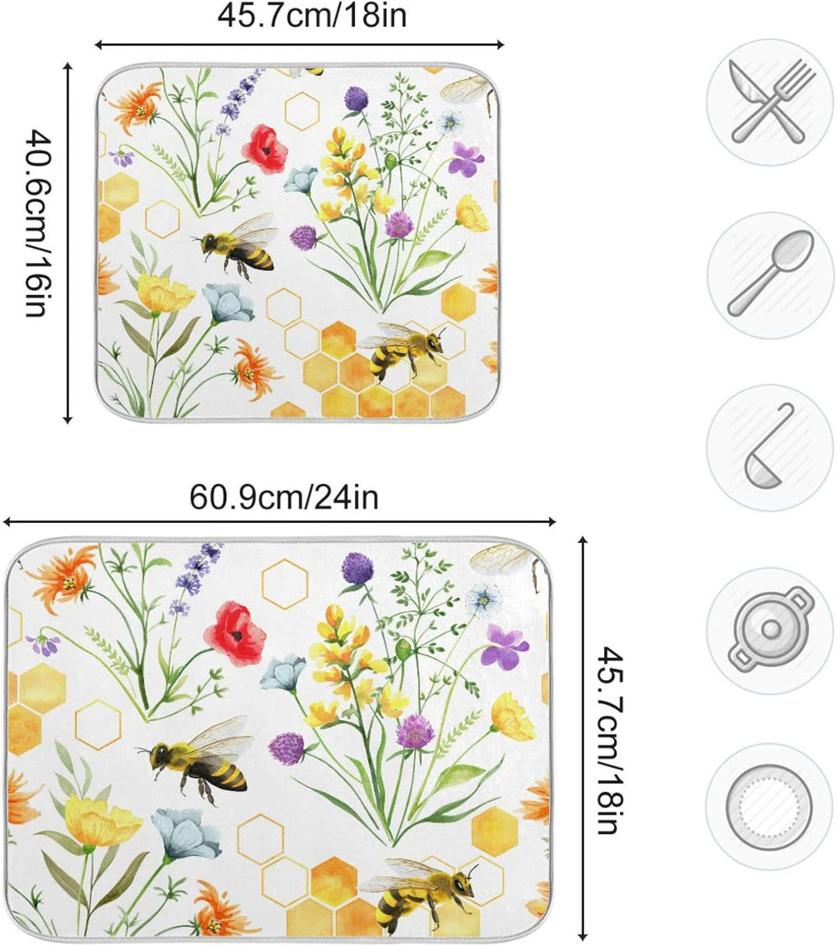 Wildflowers and Bees Dish Drying Mat for Kitchen Counter Absorbent Microfiber Drying Pad, Medium 16x18 in, Reversible Drainer Mats