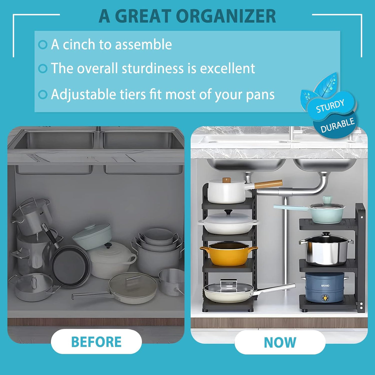 Pot and Pan Organizer Rack for under Cabinet, Heavy Duty Pot Pan Rack under Sink Organizers and Storage, Pot lid organizer, Kitchen Cabinet Organizer with 4 Adjustable Tiers