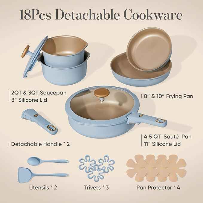 CAROTE 18Pcs Titanium Reinforced Nonstick Pots and Pans Set, Nonstick Cookware Set with Detachable Handle, Induction Kitchen Cookware Sets Removable Handles, Dishwasher Safe, Oven Safe, Blue