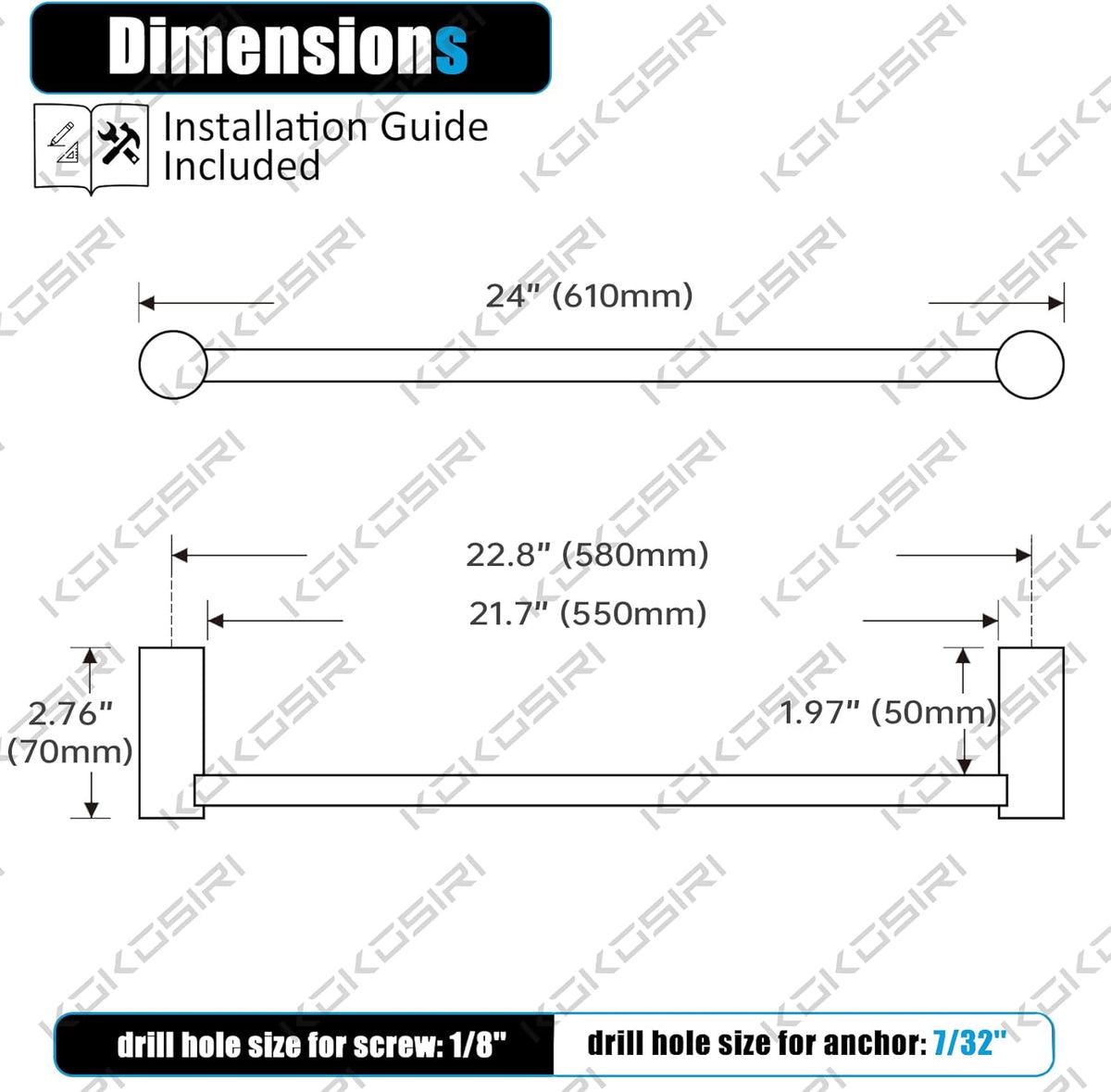 KOKOSIRI Towel Bar Black Bathroom Towel Rack Wall Mounted 24-Inch Single Rail for Lavatory Bathroom Hardware Accessory Stainless Steel, B4007BK-L24