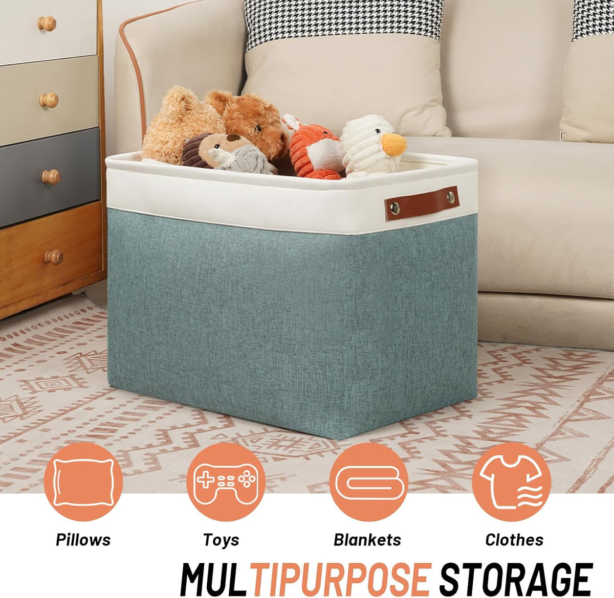 DULLEMELO Large Storage Baskets, Storage Basket with Handles for Shelves, Linen Closet Organizers for Home Office, Decorative Storage Baskets for Toys Storage (3 Pack, White&Deep Green)
