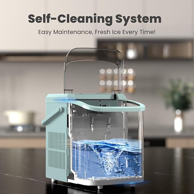 DUMOS Countertop Ice Maker with Handle, 26lbs/24H Portable Ice Machine, 9 Bullet Cubes Ready in 6 Mins, Self-Cleaning, Quiet Compact for Home, Kitchen, RV, Camping, Green