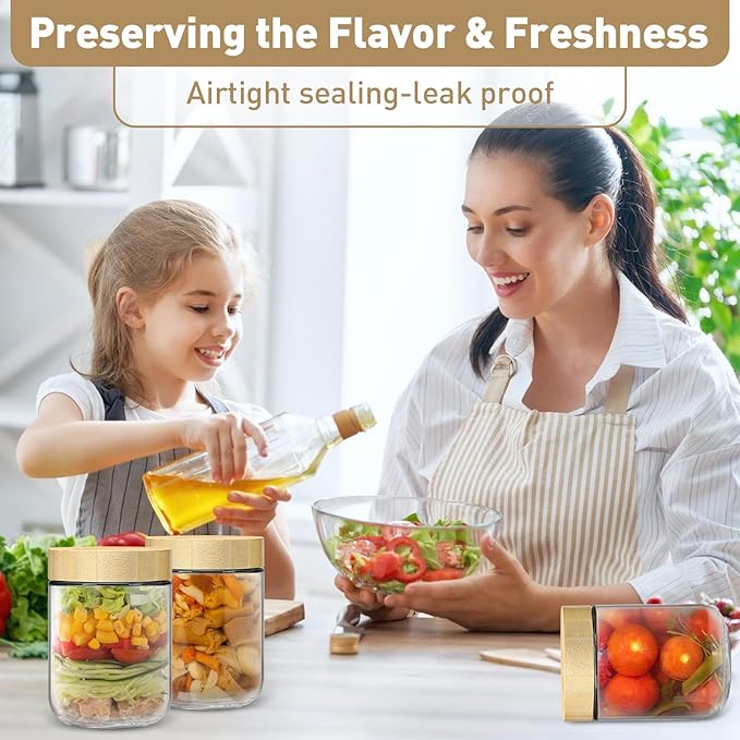 Overnight Oats Containers with Lids,16oz Wide Mouth Glass Mason Jars with Bamboo Lid,Overnight Oats Jars with Spoons,Meal Prep Jar with Airtight Lid for Yogurt,Chia Pudding,Snacks,Salad,Spice 4pack