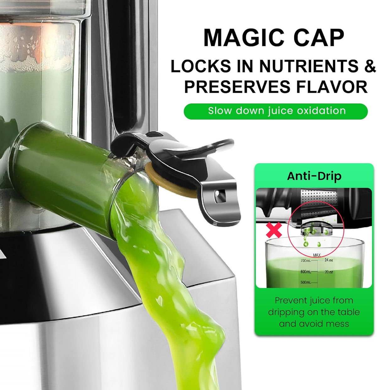 Ventray Cold Press Juicer, 3'' Wide Feed Chute Slow Masticating Juicer Machine for Whole Fruits & Vegetables, 240W Powerful Motor, Easy to Clean, High Juice Yield, BPA Free