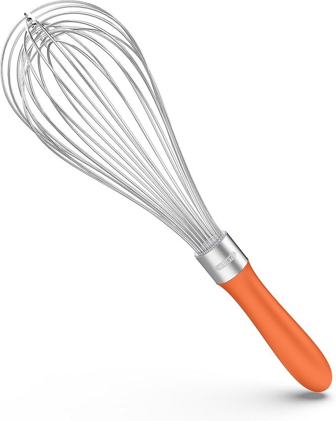 U-Taste Balloon Whisk for Cooking: 18/10 Stainless Steel Kitchen Wire Whisk, 12in Large Heavy Duty Egg Beater, Manual Mixing Tool with 12 High Flex Wires for Stirring, Blending Sauce (Orange)