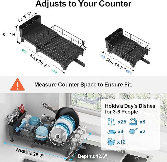 GSlife Large Dish Drying Rack for Kitchen Counter, Expandable Rust Resistant Dish Drainer with Drainboard & Utensil Holder, Adjustable Dish Rack with Vertical Pot Storage, 12.6"W x 18.7"-25.2"L, Black
