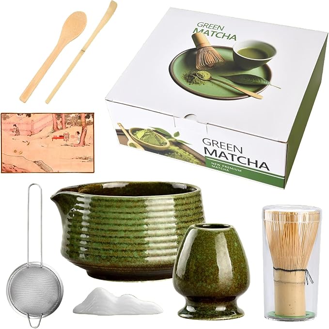 Matcha Whisk Set,(8Pcs) Includes Ceramic Matcha Bowl, Whisk, Holder, Scoop and Spoon, Rest, Sifter, Tea Towel,Traditional Tea Ceremony Set Gift