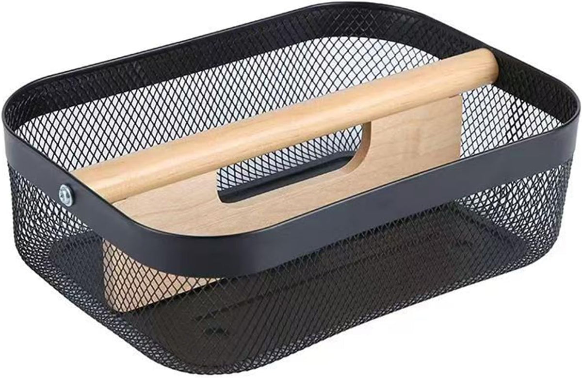 Metal Mesh Steel Storage Basket, Garden Harvest Wire Organizer Basket Multi-functional Kitchen Fruit Basket with Wooden Removable Partition & Handle for Bathroom Picnic Decor Cabinet, Black