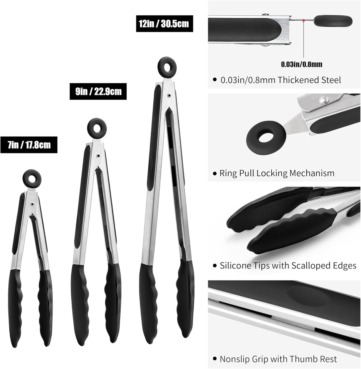Doosu Kitchen Tongs for Cooking - 600°F Heat Resistant Food Tong Set with Non-Scratch Silicone Tips, Heavy Duty Stainless Steel Locking Tong for BBQ, Grilling Steak, Serving Salad (7+9+12in, Black)