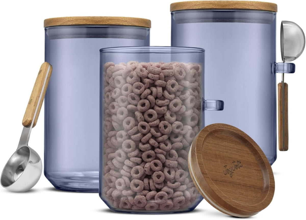 JoyJolt Holden 32oz Stackable Glass Storage Containers with Lids and Scoops, Airtight Food Canister Set of 3 w/Acacia Wood Lids, Round Stacking Pantry and Kitchen Containers w/Scoop | Smoke Blue