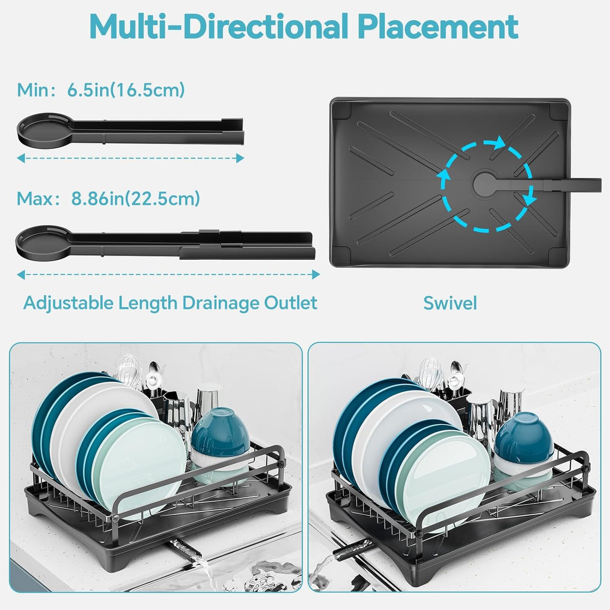 Dish Drying Rack Kitchen - Dish Racks for Kitchen Counter Space-Saving, Dish Drainer with Automatic Drain and Adjustable Spout, Dishwasher Rack with Cutlery Holder, 16.5" D x 11.6" W x 6.6" H