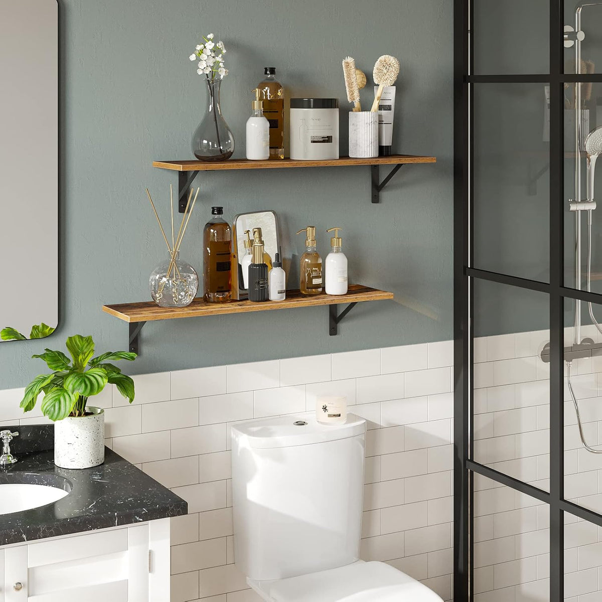 DINZI LVJ Wall Shelves, 23.6 x 7.9 x 6.1 Inch Floating Shelves for Wall, Easy-to-Install Wall Storage Ledges with Sturdy Metal Brackets for Living Room, Bathroom, Kitchen, Rustic Brown