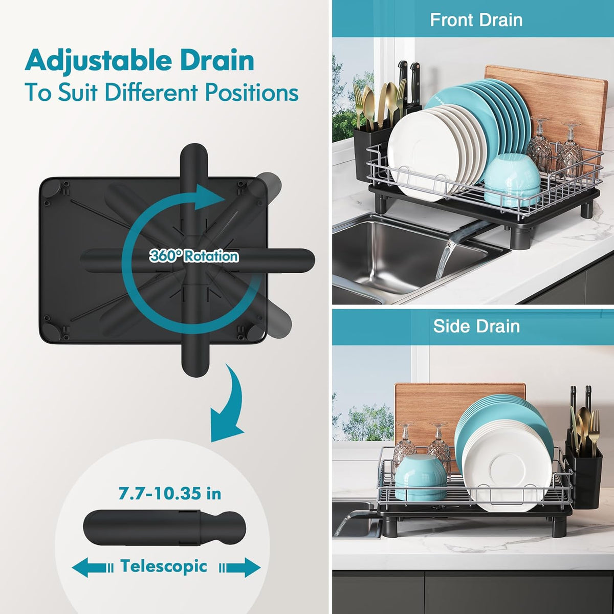 BOOSINY Dish Drying Rack for Kitchen Counter, Stainless Steel Dish Drainers with Drainboard Set, Space Saving, Compact Metal Plates Strainers Rack with Cup Holder, Utensil Holder