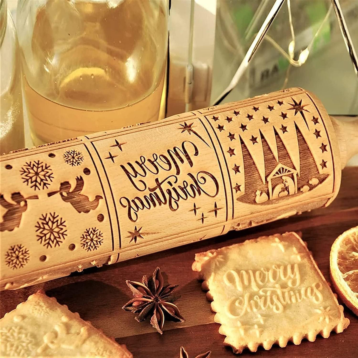 Christmas Wooden Rolling Pin for Baking,Engraved Embossing Rolling Pin Cookie Stamps Roller Square Grid Cookies Mold Kitchen Decor Tools for Kids Adults(Jesus Nine Palaces)