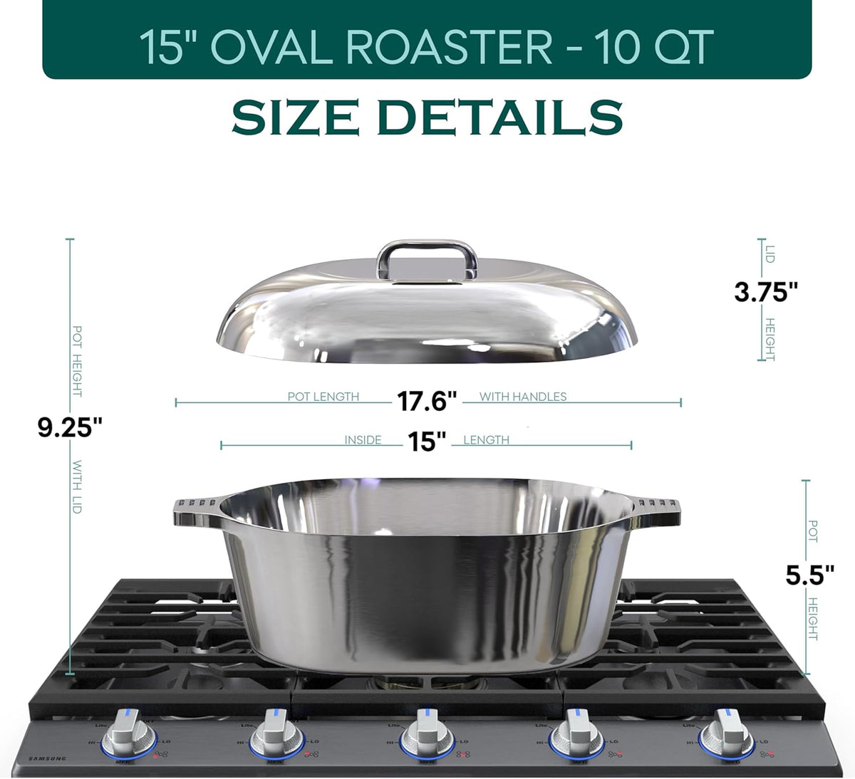 Cast Aluminum Oval Dutch Oven with Lid - 10 QT Heavy Duty & Lightweight Roaster Pan with Rack & Silicone Cover Dual Handles — Cajun Cookware for Roasting, Baking, Cooking (15" - Large)