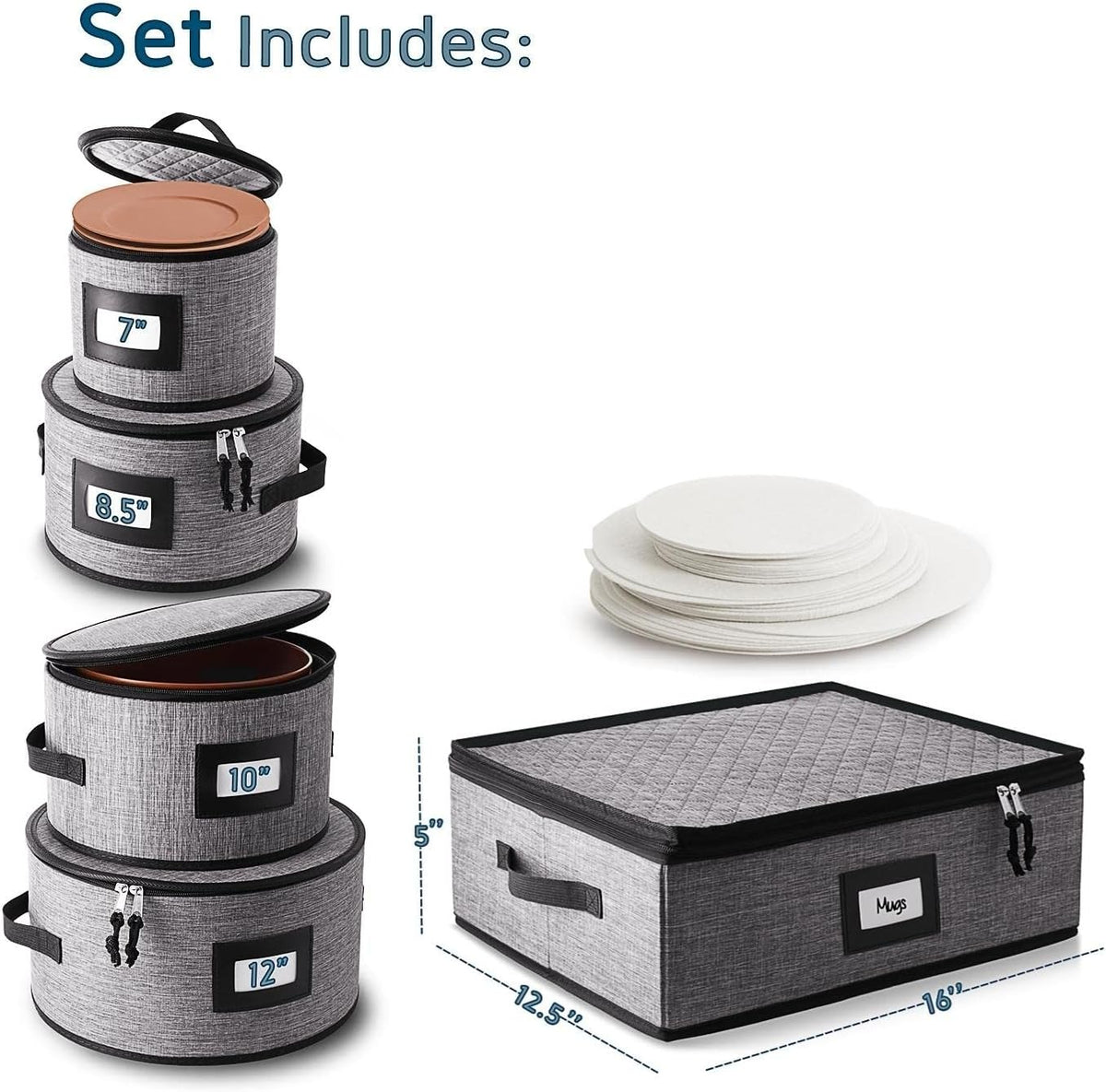 Fine China Hard Shell Dish Organizer - 5 Piece Stackable Mug and Plate Storage Containers with Dividers for Moving and Seasonal Storage, Grey